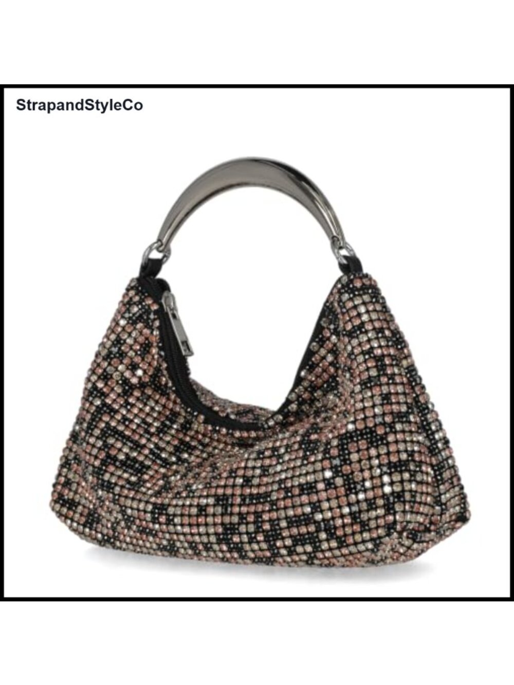 Diamond Mesh Rhinestone Hobo Evening Bag Faux Leather Top Handle